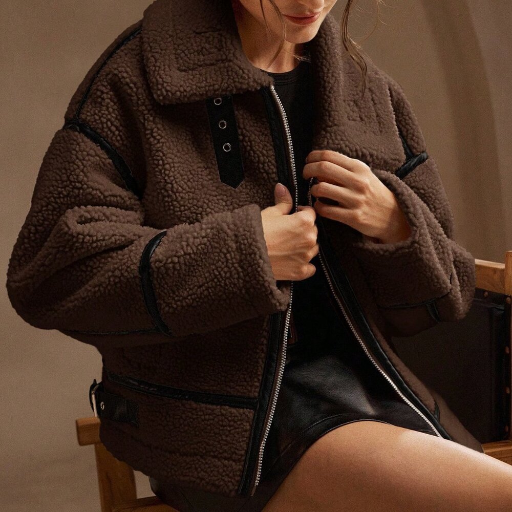 Coffee Brown Casual Women's Patchwork Jacket - Picture 4 of 8